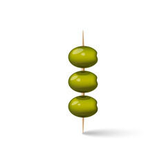 Three green olives on a wooden toothpicks snack for an alcoholic drink, 3d realistic vector food illustration