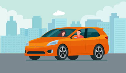 CUV car with a young man and woman driving on a background of abstract cityscape. Vector flat style illustration.