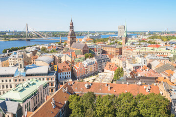 Fototapeta premium Landscape. Panoramic view of Riga old city in summer, under blue sunny sky