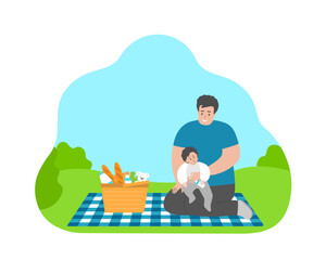 Isolated vector flat concept with cartoon asian dad and son together. Father sits with little baby on the hands. Summer weekend on the picnic