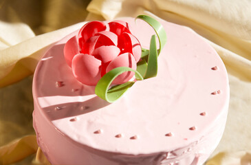 pink cake closeup with decore of rose in sun shine on the table. - Top view_ Image