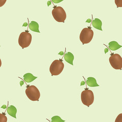 Vector seamless pattern of kiwi fruits with leaves on a light green background.