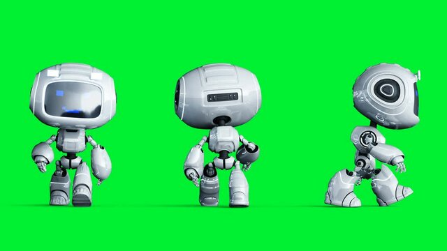 White smiling toy robot animation. Phisical motion blur. Realistic green screen 4k animation. Green screen