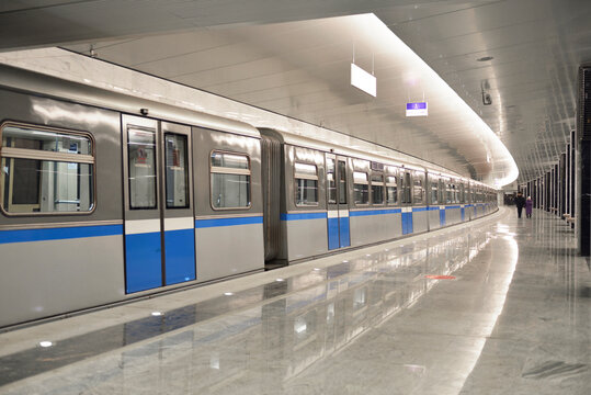 Train at Pyatnitskoye Shosse, Moscow Metro station. Russia