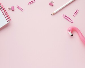Pink feminine workspace, styled stock photo flatlay, background for bloggers, empty space for text.