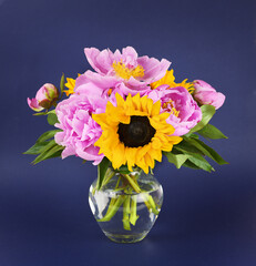 Pink peony flowers and yellow sunflowers in a glass vase on dark blue background