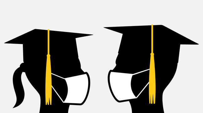 Young people with graduation caps and face masks