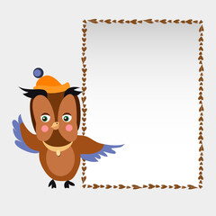 Vector image of a character owl holding frame for your text.