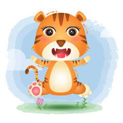 Obraz na płótnie Canvas cute little tiger in the children's style. cute cartoon tiger vector illustration