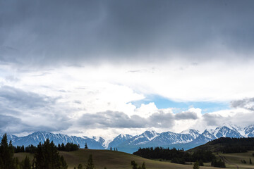 Wide view of a section of the snow-capped rocky mountains with trees in the foreground