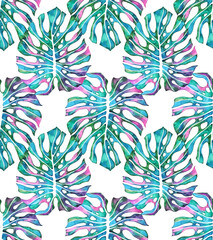 Monstera leaves seamless pattern. Watercolor painting. Hand drawn vector illustration. Beach party concept. Vintage, retro style. Green, blue, pink, purple, white colors. Wallpaper, banner, print