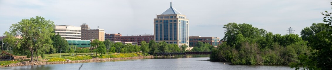 Wausau, Wisconsin, USA, July 1, 2020, Wausau Riverfront in downtown Wausau along the river