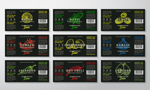 Handcrafted Sauce Labels Template Collection. Abstract Vector Packaging Design Layouts Set. Modern Typography Banners with Hand Drawn Herbs, Mushrooms and Vegetables Silhouettes Background.