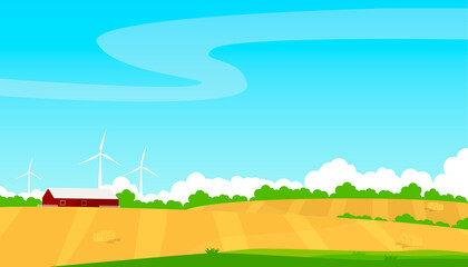 Farm life. Plowed fields. Farm banner for business and online sites. Vector illustration of village with fields, bright colors landscape, farm concept in cartoon flat style. 