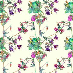 Watercolor meadow flowers, columbine and hesperis of violet coloring. Summer seamless pattern. Design of fabric, wallpaper, background, textile, packaging, wrapping paper, covers.