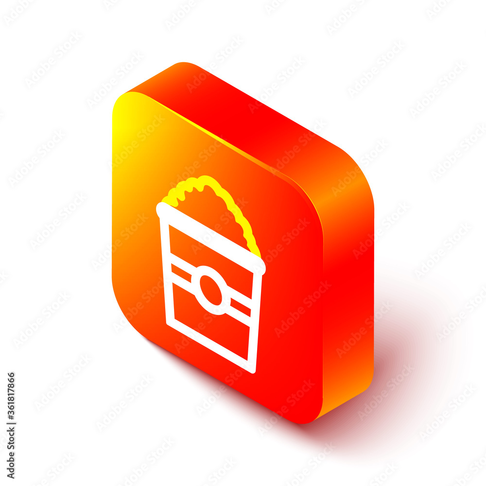 Poster isometric line popcorn in cardboard box icon isolated on white background. popcorn bucket box. orang