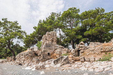Fototapeta na wymiar Panorama view of ancient cemetery. Ruins of Phaselis city in North harbour. Famous architectural landmark. Turkey.