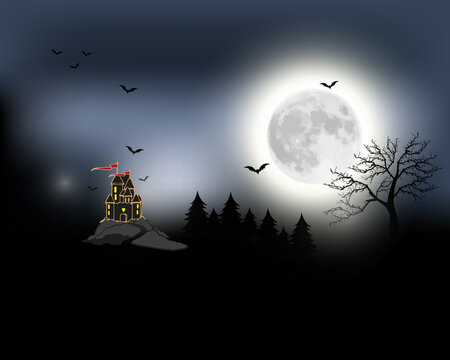 Halloween spooky black vector scenery background. Night image of full moon and bats and castle in the distance. Black and white scary Halloween illustration.