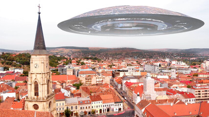 Alien ufo flying Saucers over Large City in Europe, Aerial
Red rooftops city in europe with large...
