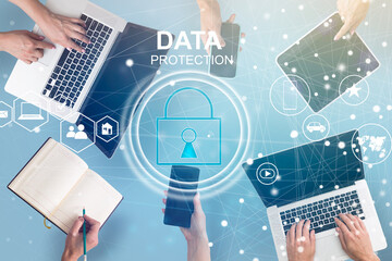 co working team meeting concept,businessman using smartphone and laptop and digital tablet computer in modern office with virtual interface icons network diagram