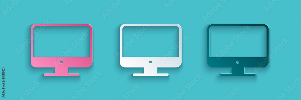 Poster paper cut computer monitor screen icon isolated on blue background. electronic device. front view. p