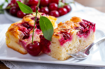 Fresh baked cake with red ripe juicy sour cherry or kriek berry