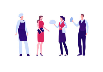 Restaraunt business staff concept. Vector flat person illustration set. Group of man and woman team employee. Chef, hostess, waiter, waitress character. Design element for banner, inforgraphic, menu