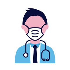 male doctor wearing medical mask with stethoscope flat style icon