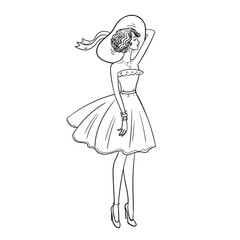 Beautiful young woman in a hat and dress on a white background. The wind develops the dress. Stock vector illustration.