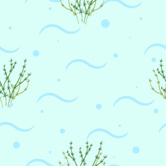 Fototapeta na wymiar Seamless pattern with seaweeds on light blue background. Vector hand drawn illustration of underwater sea life.