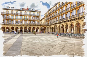 Fototapeta premium San Sebastian. European Capital of Culture. Constitution Square. Imitation of oil painting. Illustration