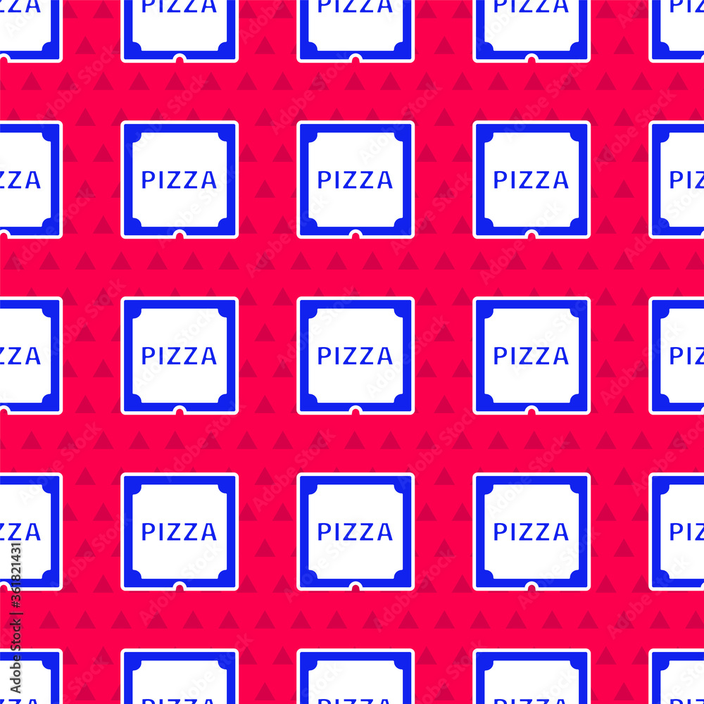 Poster blue pizza in cardboard box icon isolated seamless pattern on red background. box with layout elemen