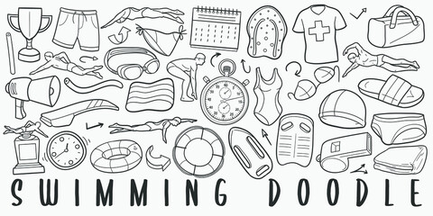 Swimming Pool Sport Doodle Line Art Illustration. Hand Drawn Vector Clip Art. Banner Set Logos.