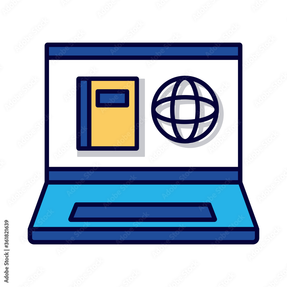 Poster sphere browser in book with laptop line and fill style icon
