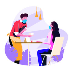 Waiter wearing medical mask serves a drink and a dish to a visitor. Coronavirus quarantine.