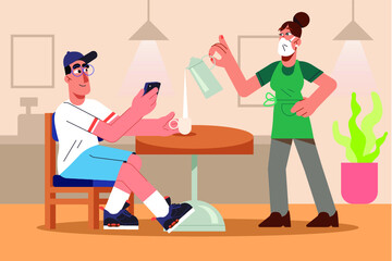 New normal life in social distancing during COVID-19 pandemic. Waiter in restaurant serving coffee to customer,wearing face mask, keeping distance to protect from COVID-19 