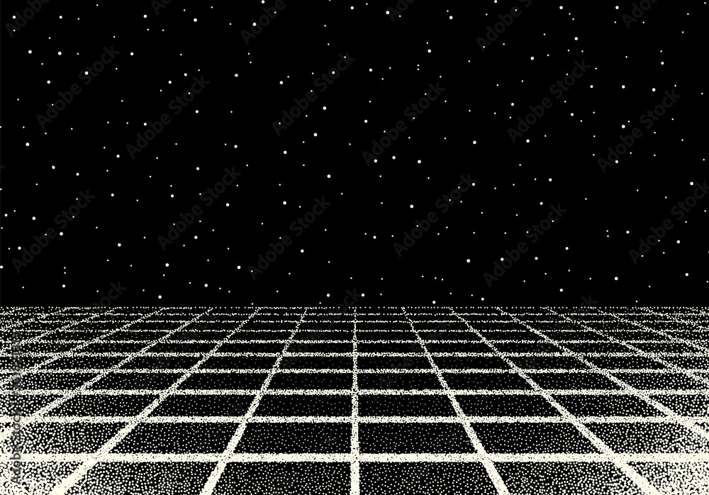 Poster retro dotwork landscape with 80s styled laser grid and stars background from old sci-fi book or post