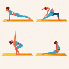 Set of different yoga poses. Female isolated background.
