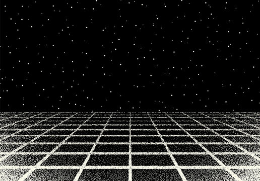 Retro dotwork landscape with 80s styled laser grid and stars background from old sci-fi book or poster