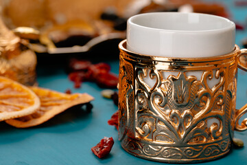 Close up photo of turkish national desserts with cup of coffee
