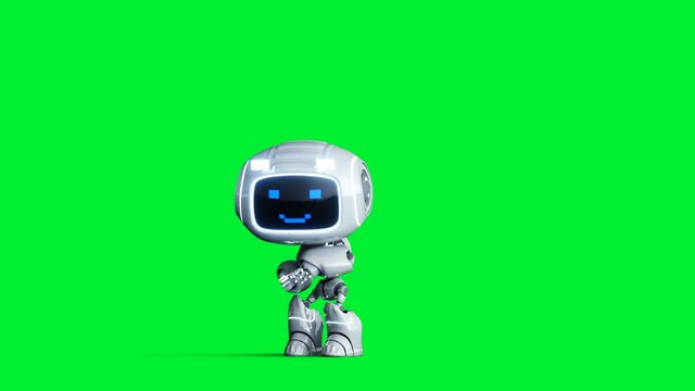 White smiling toy robot animation. Phisical motion blur. Realistic green screen 4k animation. Green screen