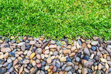 Abstract texture background of Top-view colorful pebble stones with lush green yard lawns at tropical summer or spring garden in morning sunlight. Decorative ground pr path of gravel rocks with grass 