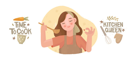 Set of vector illustrations on a culinary theme. Hand-drawn lettering 