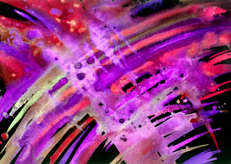 Abstraction from strokes in the crimson-purple tones, expressive watercolor painting, print for poster and other designs.