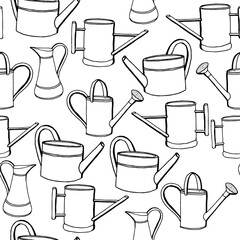 Seamless black and white image of a jug and garden watering cans. Idea for textiles, clothes, wrapping paper, business. Isolated on white background
