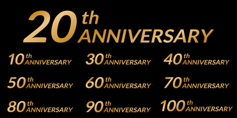 Anniversary logo set with golden numbers. 10, 20, 30, 40, 50, 60, 70, 80, 90, 100 years birthday celebration icon. Vector illustration.