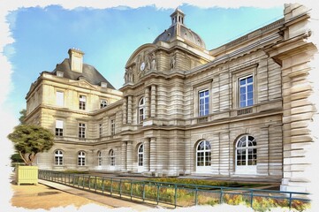 Fototapeta na wymiar Luxembourg Palace. French Senate. Imitation of oil painting. Illustration