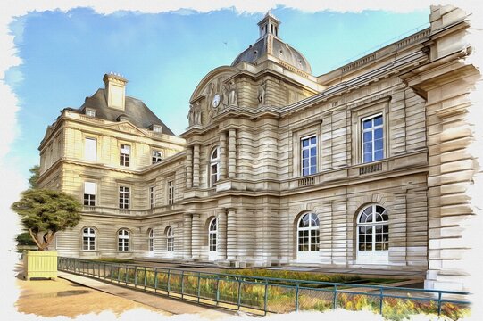 Luxembourg Palace. French Senate. Imitation of oil painting. Illustration