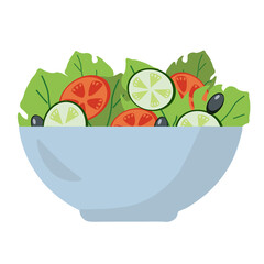 Vegetables in a bowl isolated on a white background. Tomatoes, cucumbers, olives in a pot. Fresh organic salad ingredients. Vector flat illustration cooking, vegetarian diet, healthy eating.