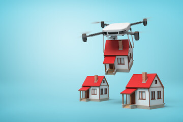 3d rendering of camera drone carrying small cottage and putting it down to two identic cottages standing on light blue background with copy space.